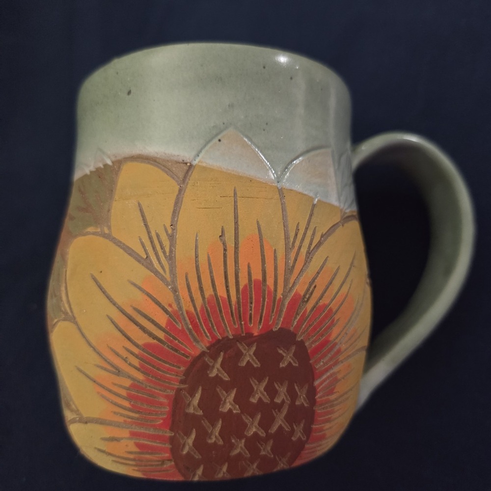 Handmade Studio Pottery Sunflower Mug Signed Hunter's Hearth Pottery